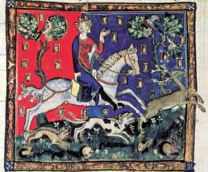 Miniature of King John hunting on horseback- England 14th century (London, British Library MS Cotton Claudius D II f 116r Medieval Histories